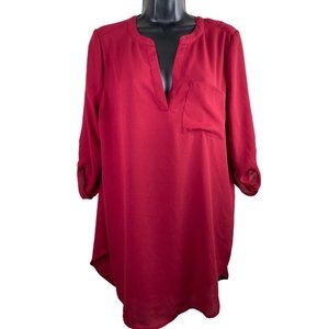 Cupids Diary Blouse Womens Size Large L Solid Red Sheer V Neck 3/4 Sleeve Top